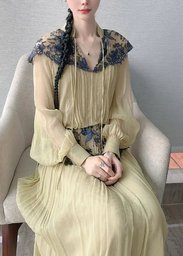 Light Green Lace Patchwork Top and Maxi Skirts Two Piece Set Lantern Sleeve