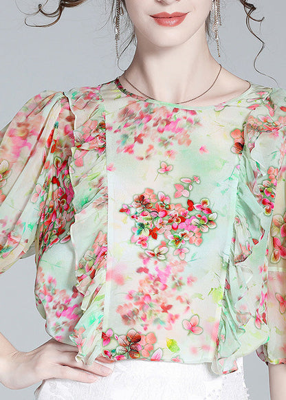 Light Green O-neck Ruffled Print Silk Shirts Half Sleeve