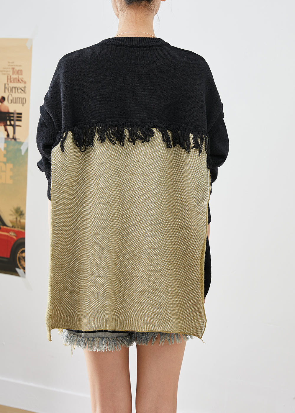 Black Asymmetrical Patchwork Tasseled Knitted Tops Winter