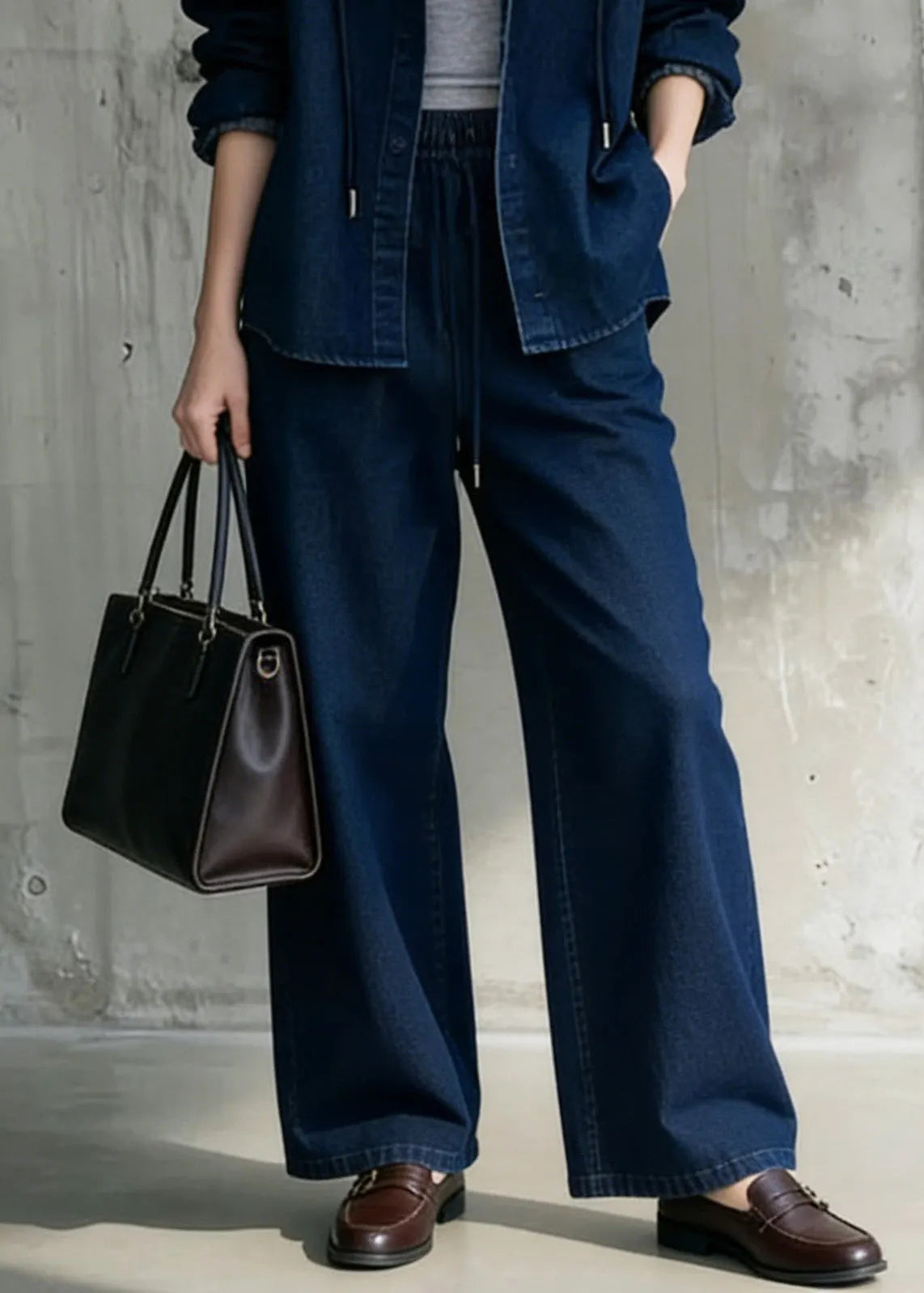 Blue Hooded Coat and Wide Leg Pants Denim Two Pieces Set Spring