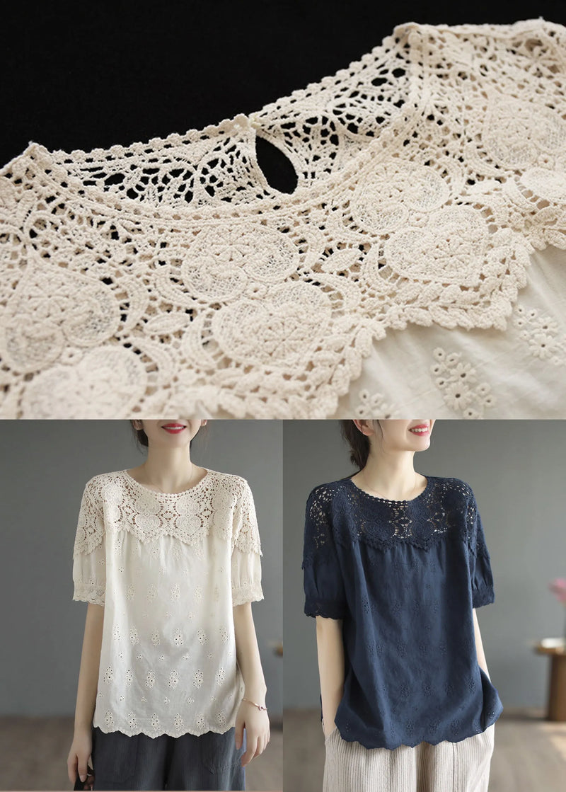 Handmade Beige O-neck Patchwork Lace Cotton Tanks Summer