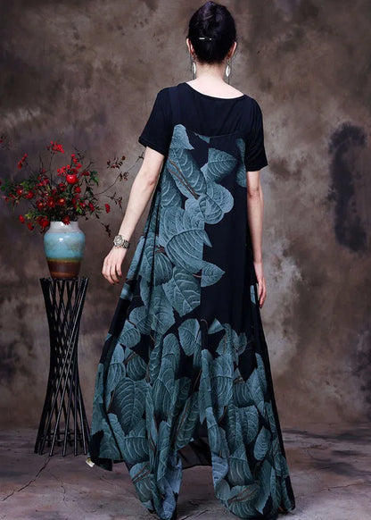Black Asymmetrical Print Chiffon Strap Dress and Tanks Two Pieces Set Summer