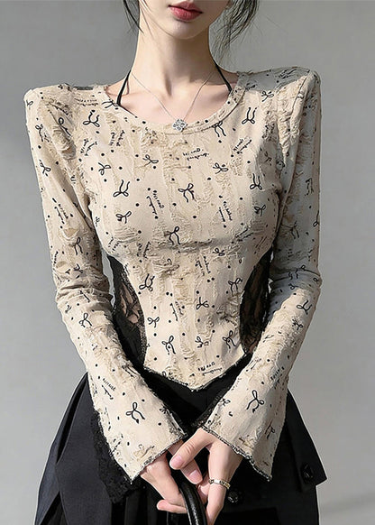 Beige Print Lace Patchwork Cotton Blouses Flare Sleeve