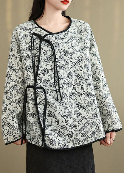 Retro O-neck Tassel Pockets Print Cotton Coat Spring