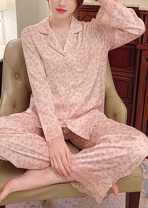 Pink Leopard Lace Patchwork Ice Silk Pajamas Two Pieces Set Spring
