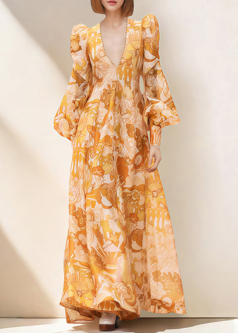 Yellow V Neck Print Nail Bead Vacation Dresses Fall