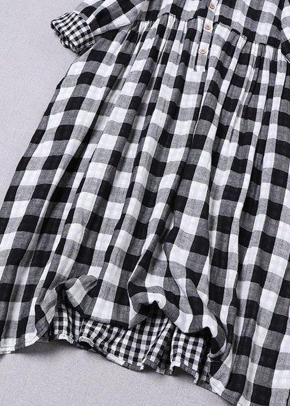 Black White Plaid Peterpan Collar Pockets Button Fall Patchwork Cotton Dresses