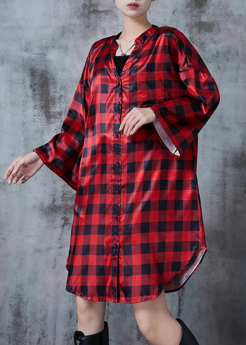Red Oversized Plaid Shirt Dresses Fall