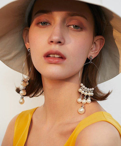 Stylish Silk Circle Pearl Tassels Silver Plated Long Drop Earrings