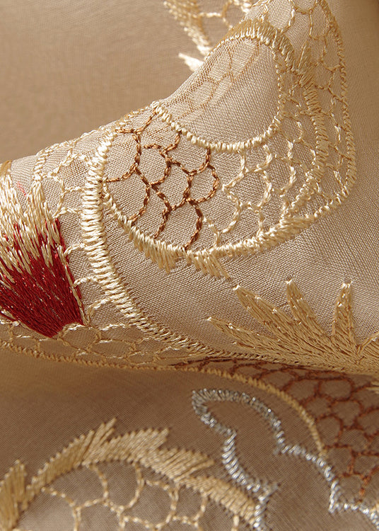Chinese Style Khaki O-neck Embroidered Silk Shirts Spring