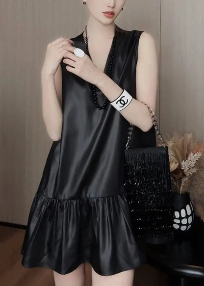 New Black V Neck Silk Mid Dress Sleeveless