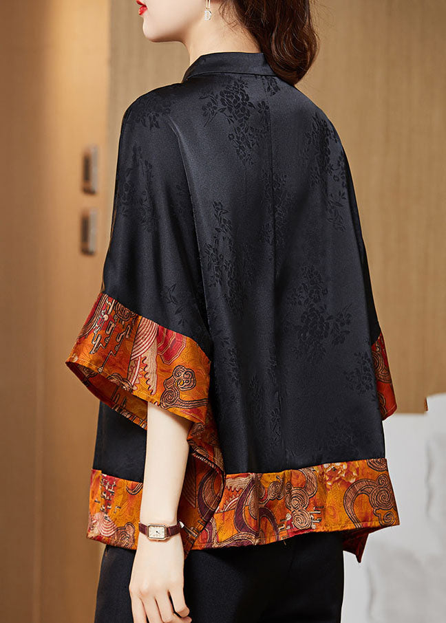 Green Polka Dots Mandarin Collar Asymmetrical Patchwork Jacquard Silk Shirts Batwing Sleeve