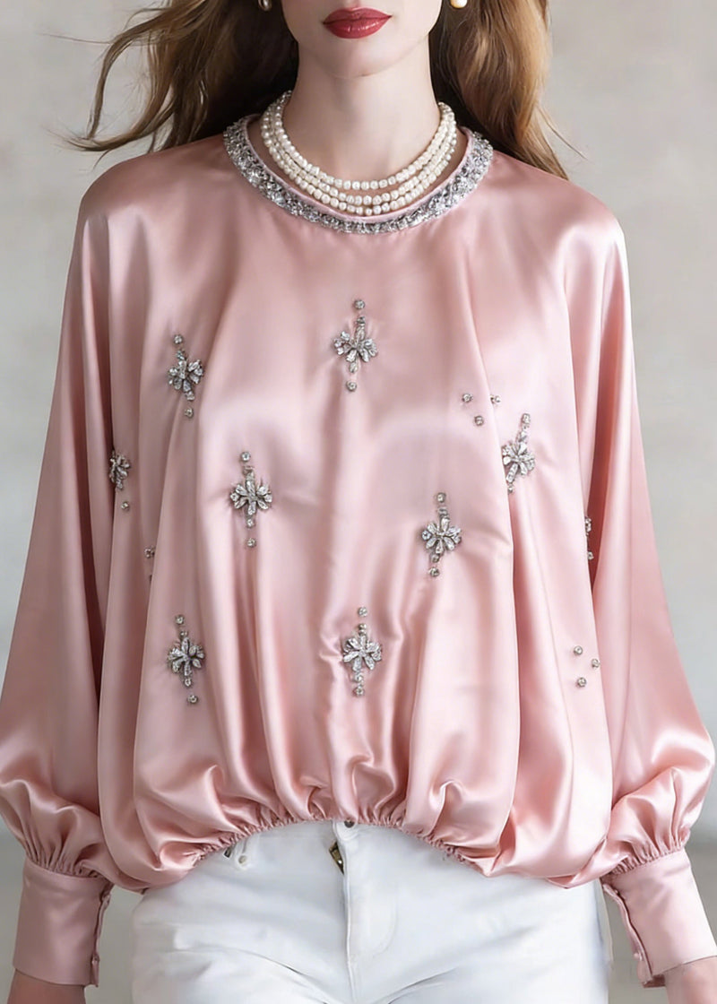 Handmade Pink Zircon Wrinkled Silk Shirt Batwing Sleeve