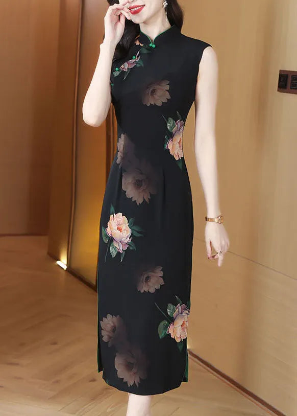 Black Stand Collar Print Side Open Chiffon Dresses Sleeveless