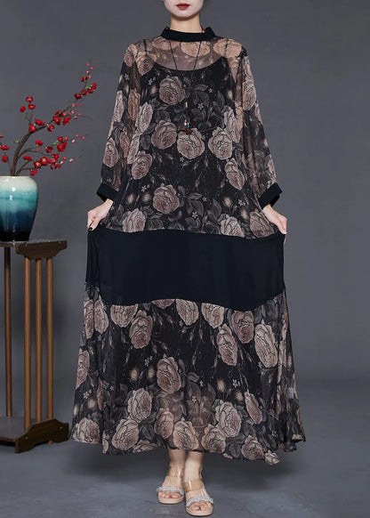 Black Patchwork Chiffon Upf 50+ Dress Two Piece Set Print Summer