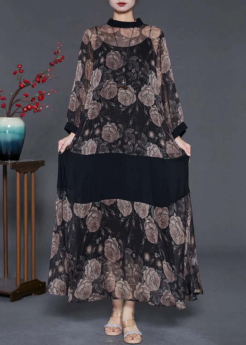 Black Patchwork Chiffon Upf 50+ Dress Two Piece Set Print Summer