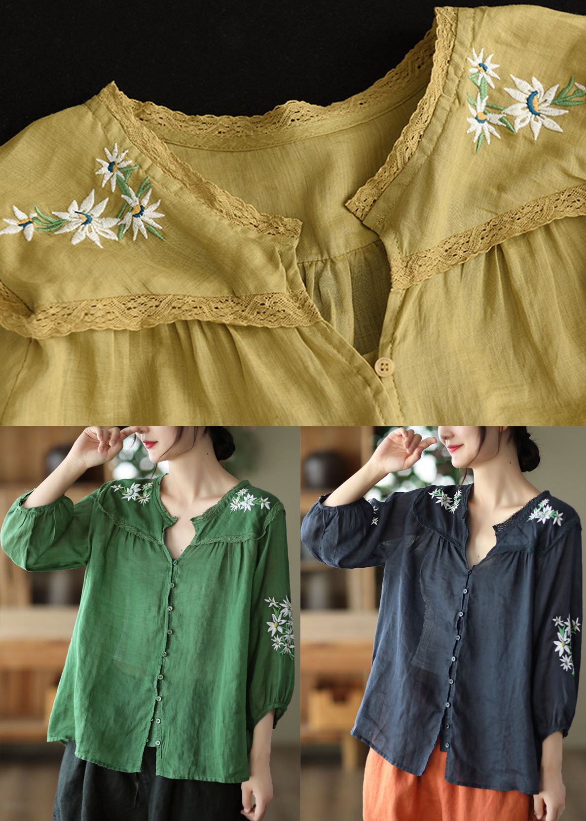 Green V Neck Embroideried Linen Top Bracelet Sleeve