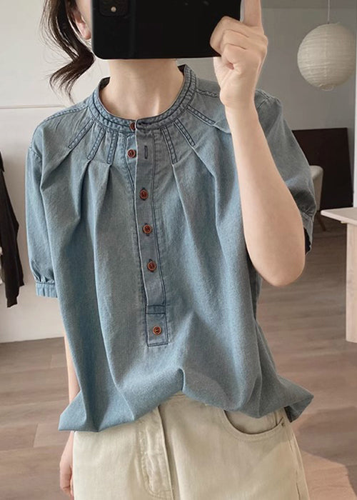 Blue O Neck Button Denim T Shirts Summer