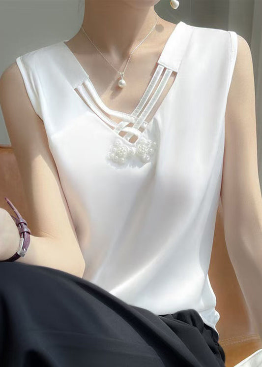 White Nail Bead Silk Tank V Neck Sleeveless