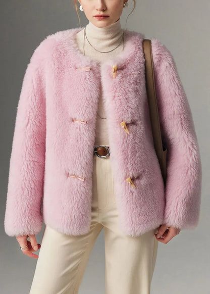 Pink O Neck Button Woolen Coats Winter
