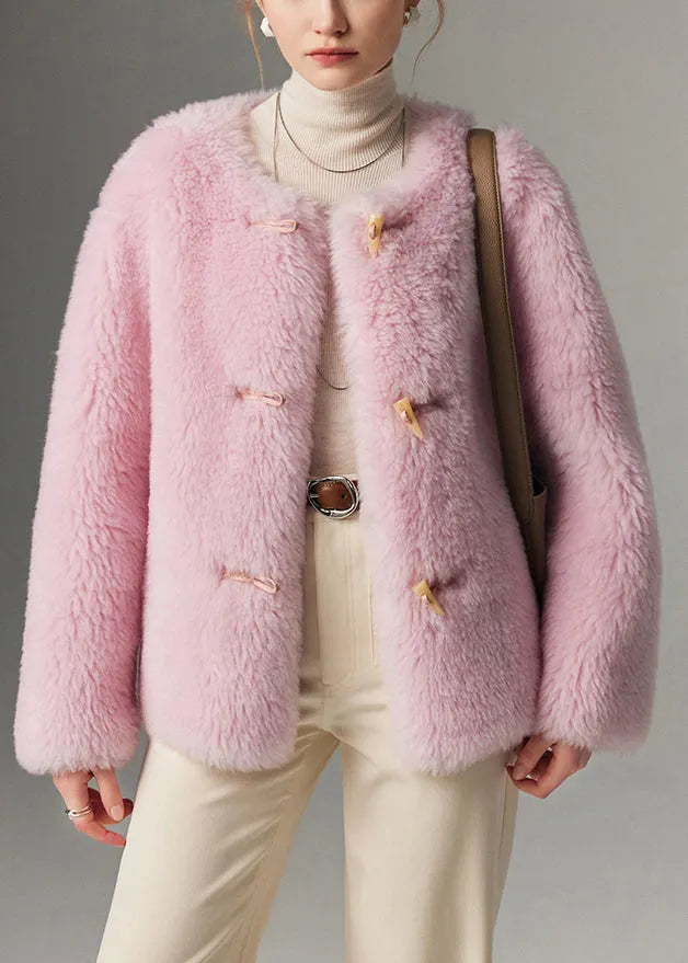Pink O Neck Button Woolen Coats Winter