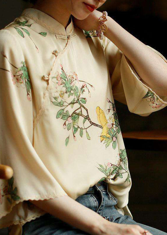 Beige Mandarin Collar Side Open Print Silk Top Long Sleeve