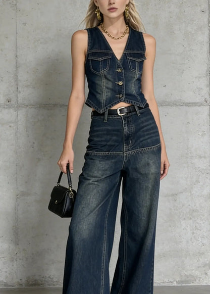 New Blue V Neck Vest and Pants Denim Two Pieces Set Summer