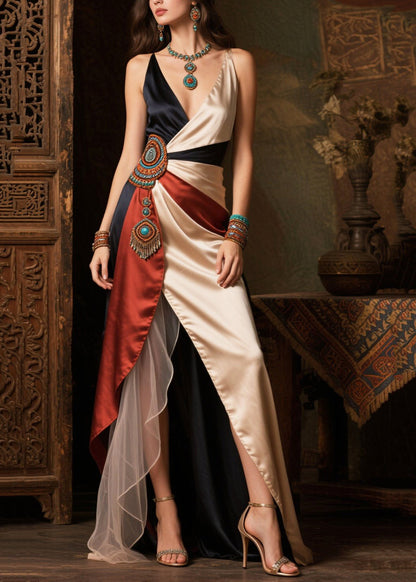 Asymmetrical Patchwork Side Open Silk Dinner Dress Summer