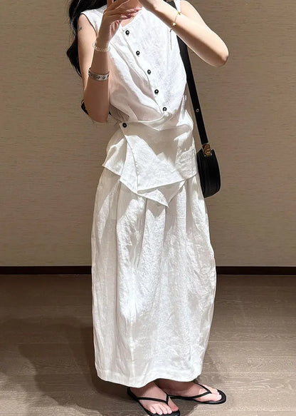 Fine White Asymmetrical Button Shirts and Skirts Cotton Two Pieces Set Sleeveless