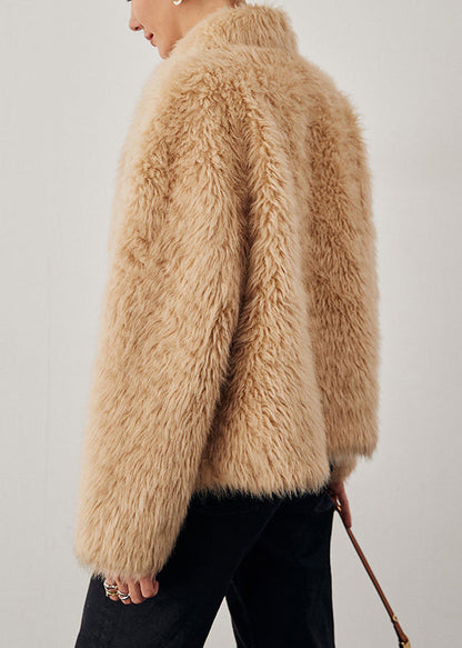Light Camel Pockets Woolen Winter Coats V Neck