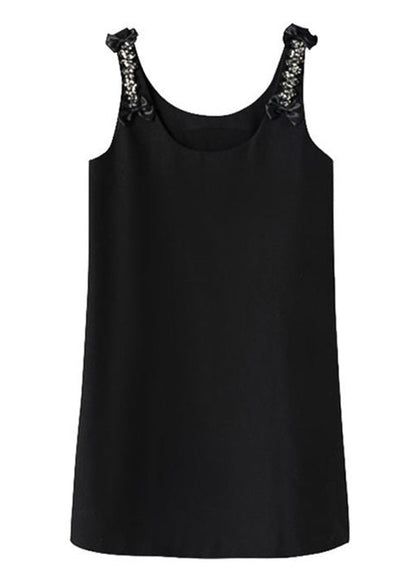 Italian Black O-neck Zircon Patchwork Cotton Mid Dress Sleeveless