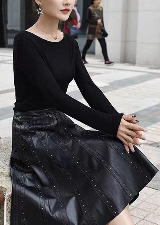 Black Wrinkled Rivet High Waist Sheepskin Skirts Spring