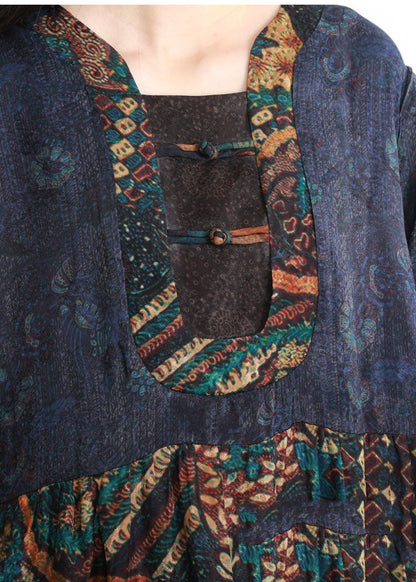 Blue Wrinkled Pockets Patchwork Long Dress Three Quarter Sleeve