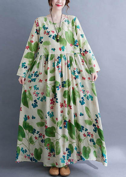 Green O-neck Cinched Print Long Dress Long Sleeve