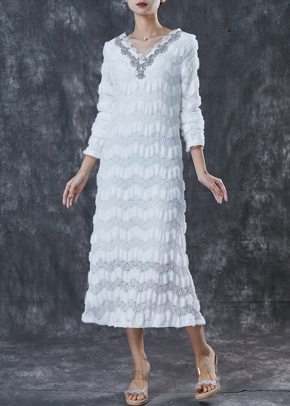 White V Neck Silm Fit Cotton Dress Spring