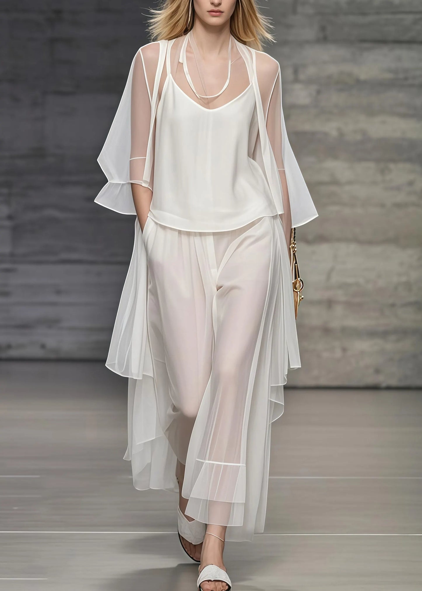 Simple White Oversized Draping Tulle Two Pieces Set Summer