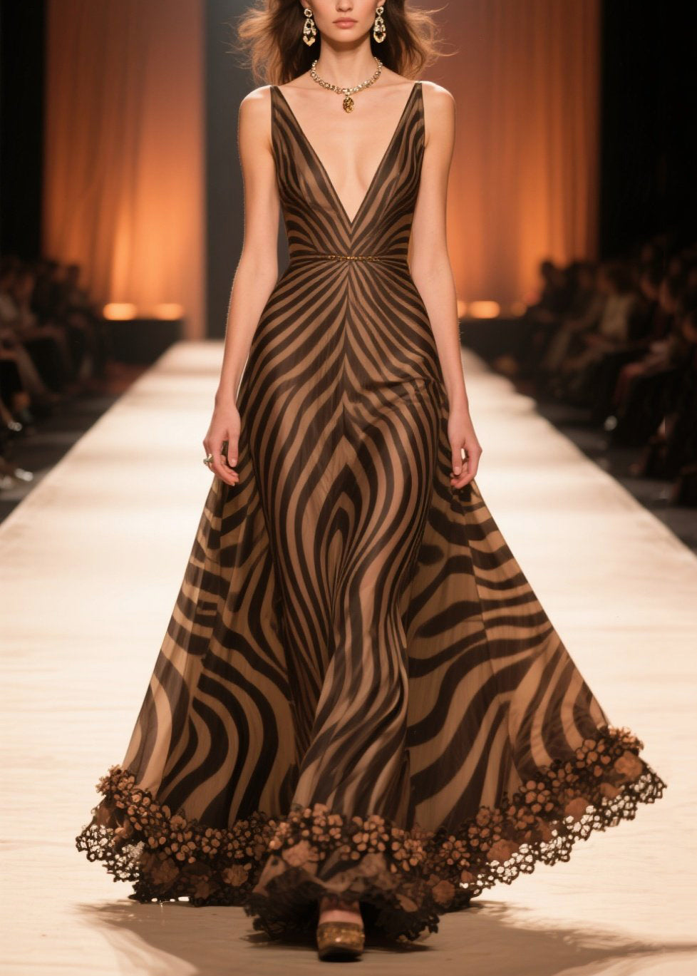 Brown V Neck Striped Chiffon Long Dresses Summer