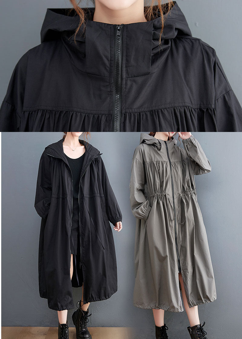 Black Hooded Drawstring Cotton Trench Coat Spring