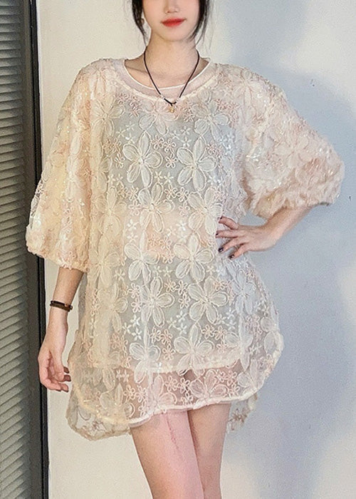 Apricot O-neck Side Open Lace Shirt Half Sleeve