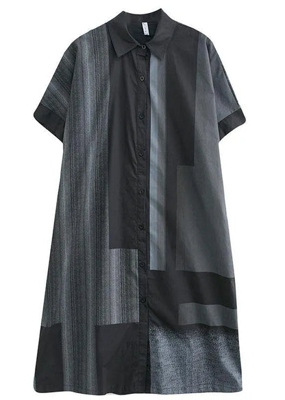 French Grey Black Peter Pan Collar Button Summer Half Sleeve Vacation Dress
