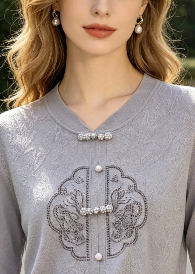 Grey Blue Jacquard Chinese Button Knit Shirt Top Summer