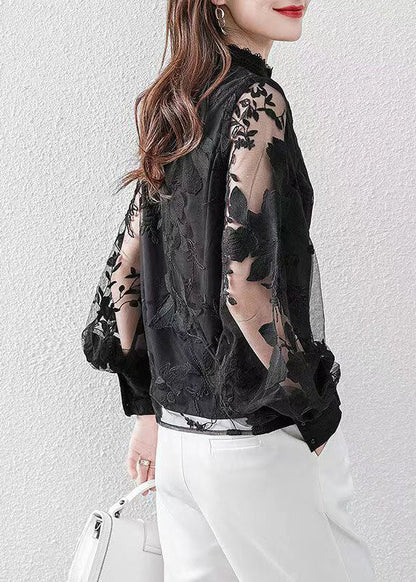 Black O-neck Lace Shirt Puff Sleeve