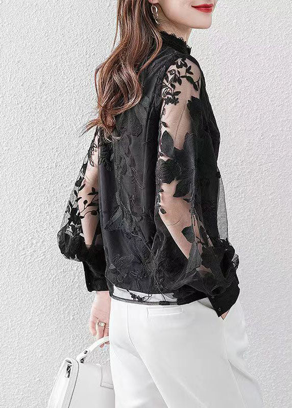 Black O-neck Lace Shirt Puff Sleeve