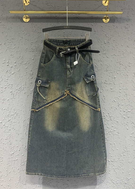 Fitted Blue High Waist Design Pockets Patchwork Denim Skirts Spring