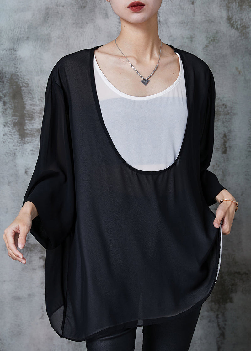 Black Oversized Patchwork Chiffon Sweatshirts Top Summer
