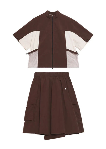 Zip Up Patchwork Tops and Skirts Cotton Two Pieces Set Summer
