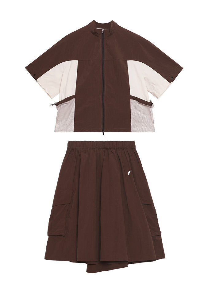 Zip Up Patchwork Tops and Skirts Cotton Two Pieces Set Summer
