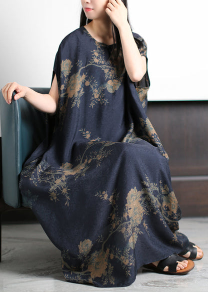 Dark Blue O-neck Print Silk Holiday Dress Short Sleeve