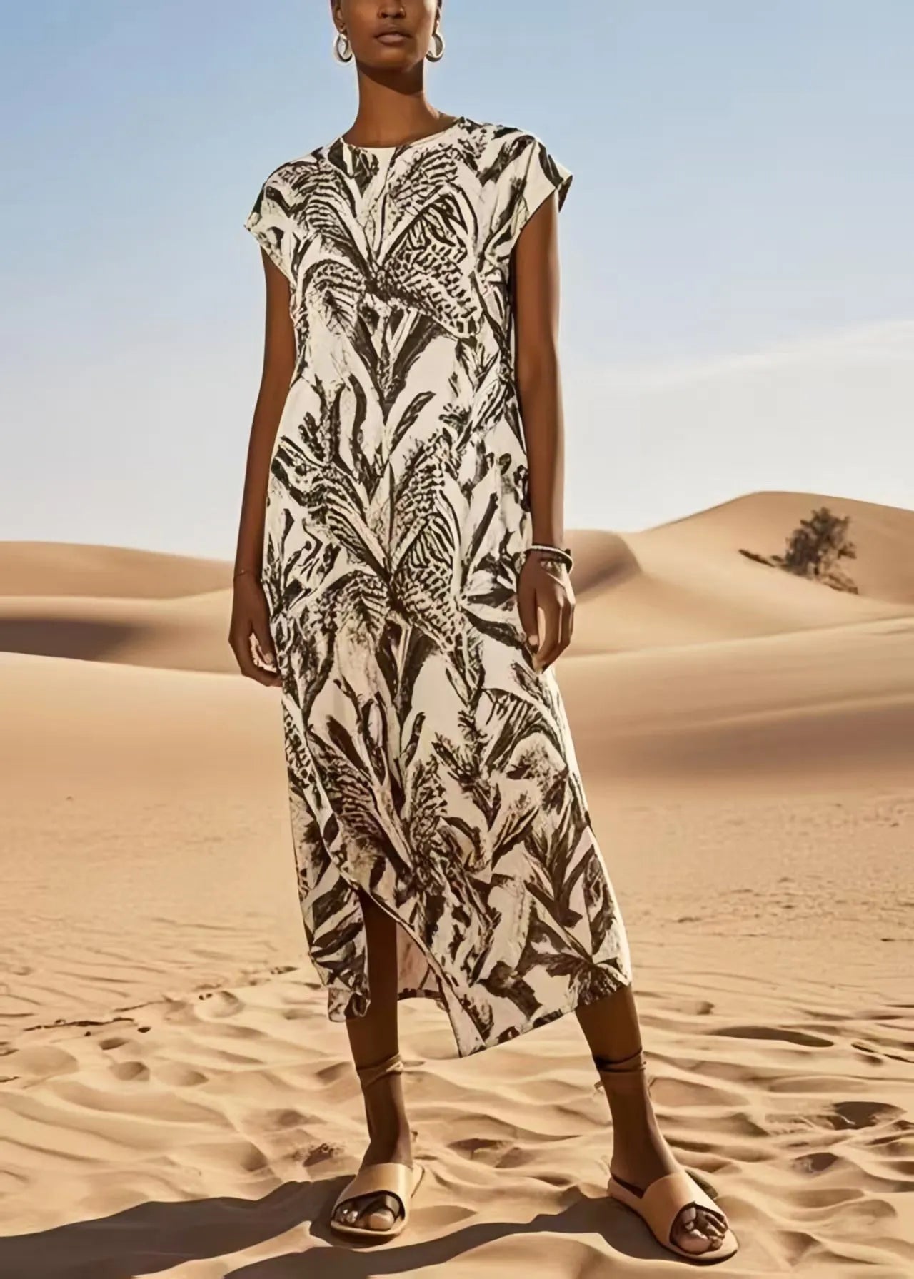 Art Brown Print Cotton Long Dress Summer