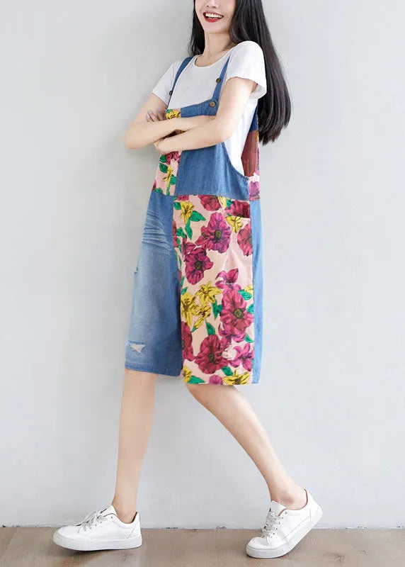 Light Blue Patchwork Print Cotton Overalls Jumpsuit Shorts Summer